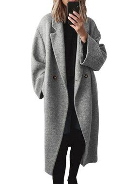 Women's Grey Polyester Winter Double Breasted Wool Long Sleeve Notch Pea Coat